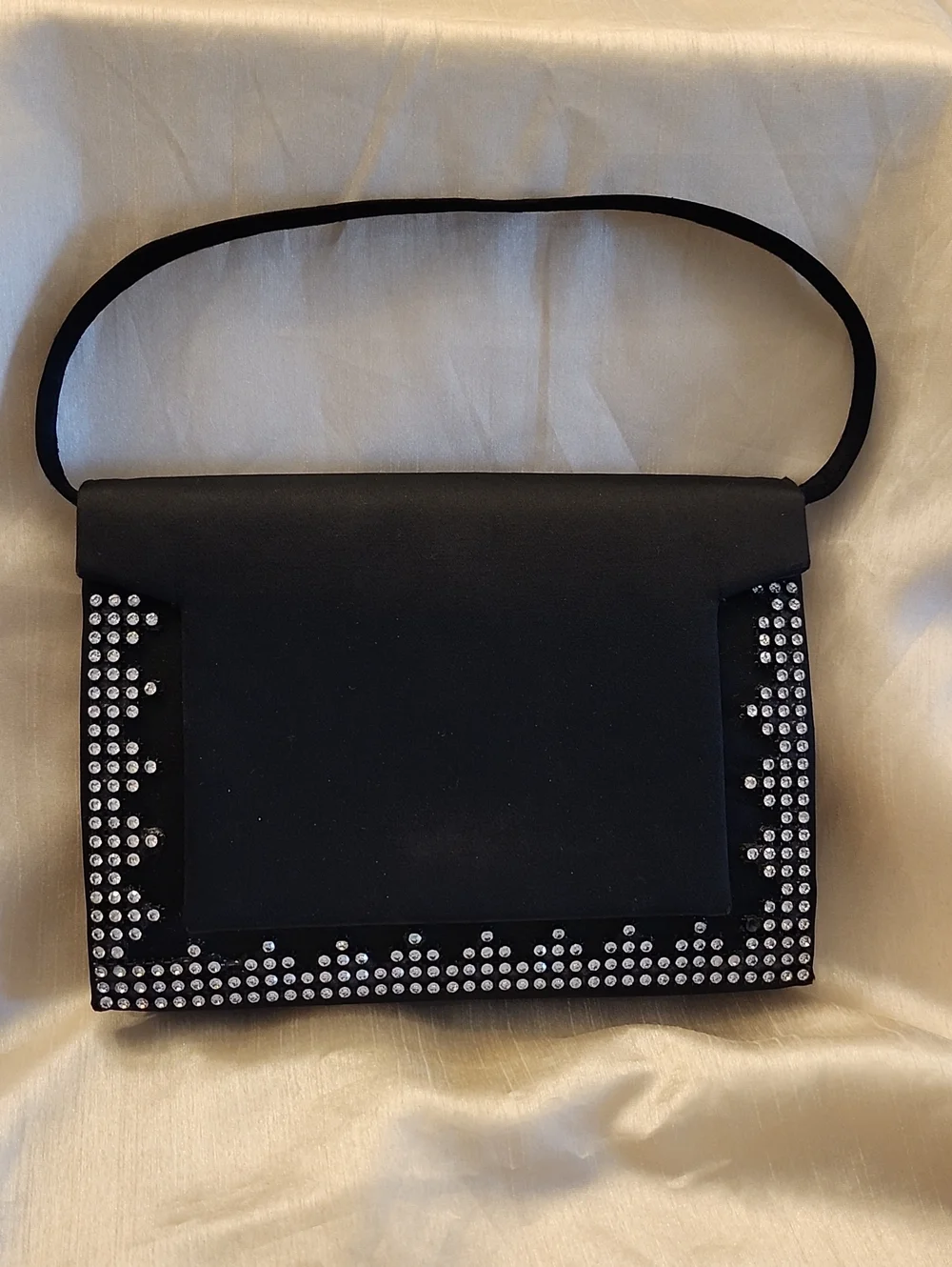 Vintage Neusteter Like New Black Satin Geometric Rhinestone-Trim Evening Bag $40